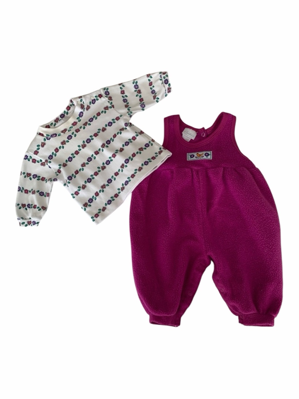 Vintage Carter's Baby Girls 3-6M Pink Floral Fleece Overalls & Shirt Set